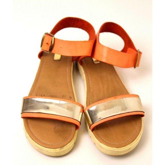G'S GABRIELA'S ORANGE GOLD LEATHER ROUND TOE FLAT SLINGBACK SANDALS SHOES Sz 8.5 - Picture 3 of 8